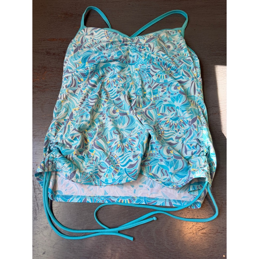 LL Bean Blue Floral Tankini Swim Top Adjustable Straps UPF 50+ Size 10 287865